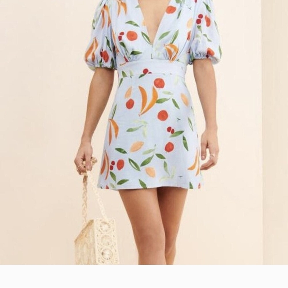 Anthropology Finders Keepers Calypso Lite Blue Print Puff Sleeve Mini Dress S/4